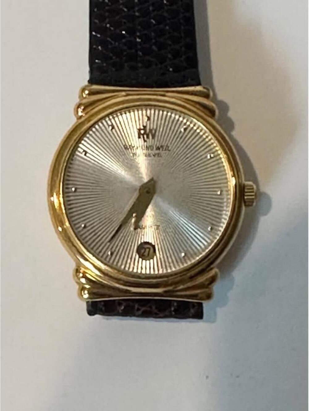 Raymond Weil Ladies Gold Tone Watch with Sunburst Dial and Black Strap